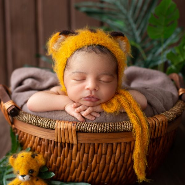 infant-sleeping-pretty-baby-boy-yellow-animal-shaped-hat-inside-brown-basket-along-with-green-leafs-wooden-room